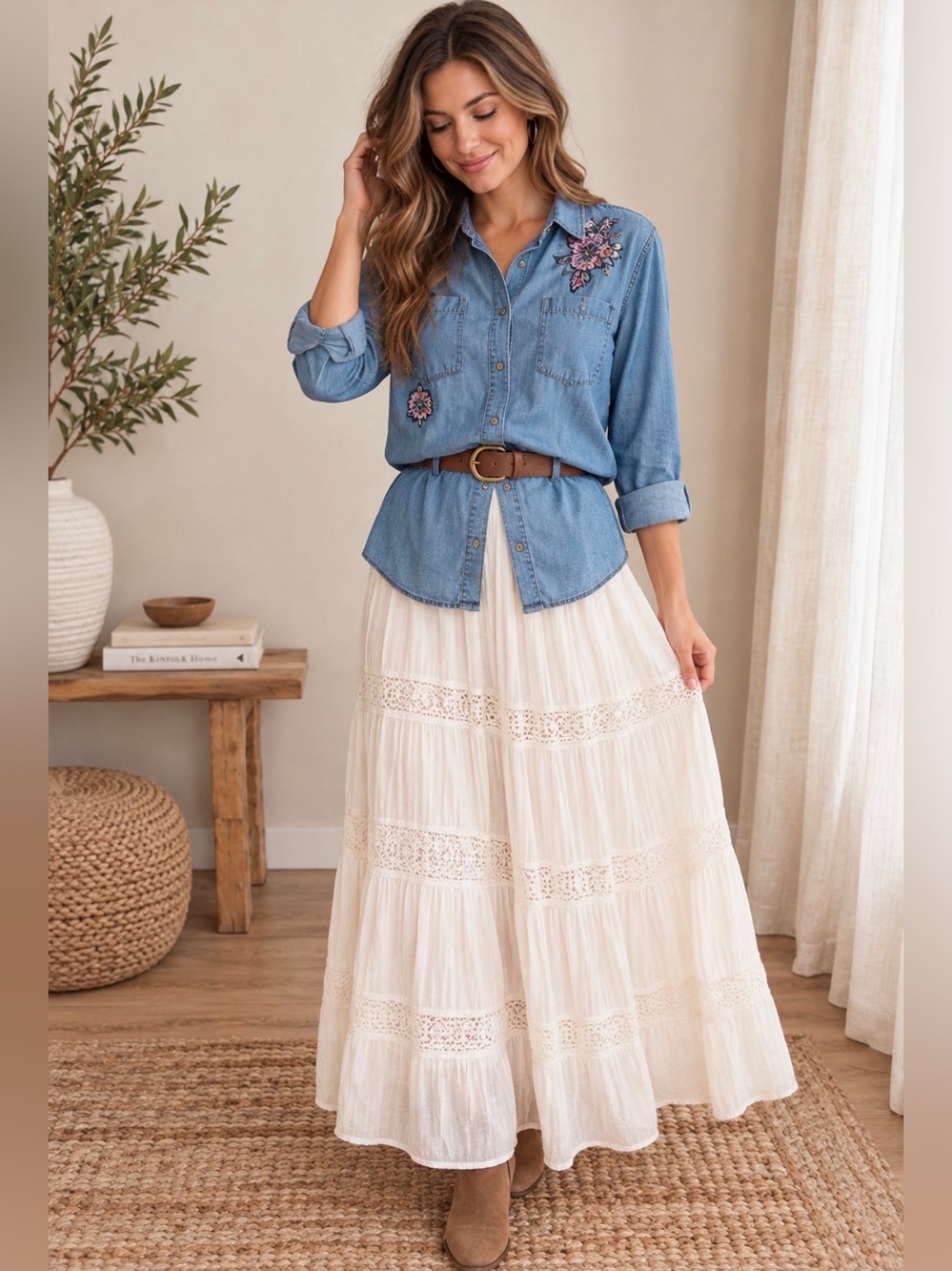 Knox Rose XS Blue Lyocell Embroidered Chambray Button Front Shirt